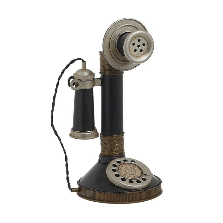 Inart fém asztali dekoráció, antik telefon design, 14x13x26 cm, fekete-ezüst