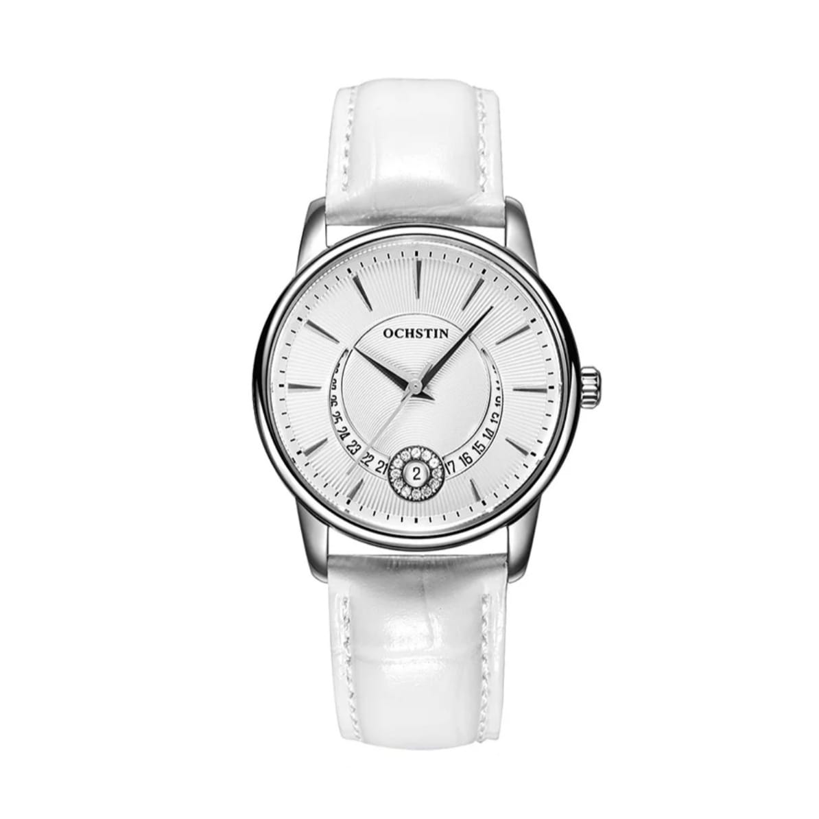 Ceas dama Ochstin 6060W afisaj data cadran alb curea piele naturala alba