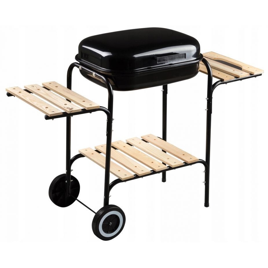 Gratar pentru gradina cu capac, 2 rafturi laterale si unul mai mare jos, roti pentru o deplasare usoara, gratar 45 x 33 cm