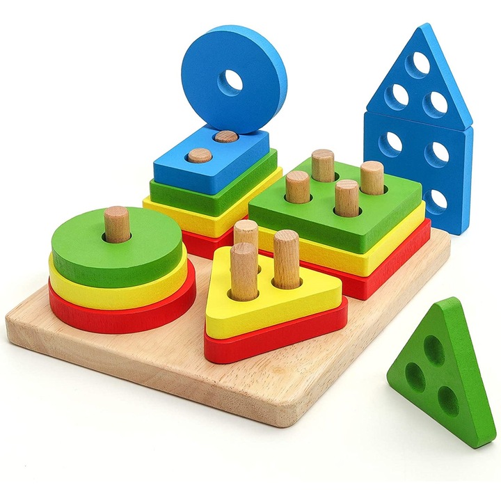 Jucarii Montessori sortator pentru copii, 16 piese din lemn natural eco, puzzle, forme geometrice, 4 coloane de sortare a culorii