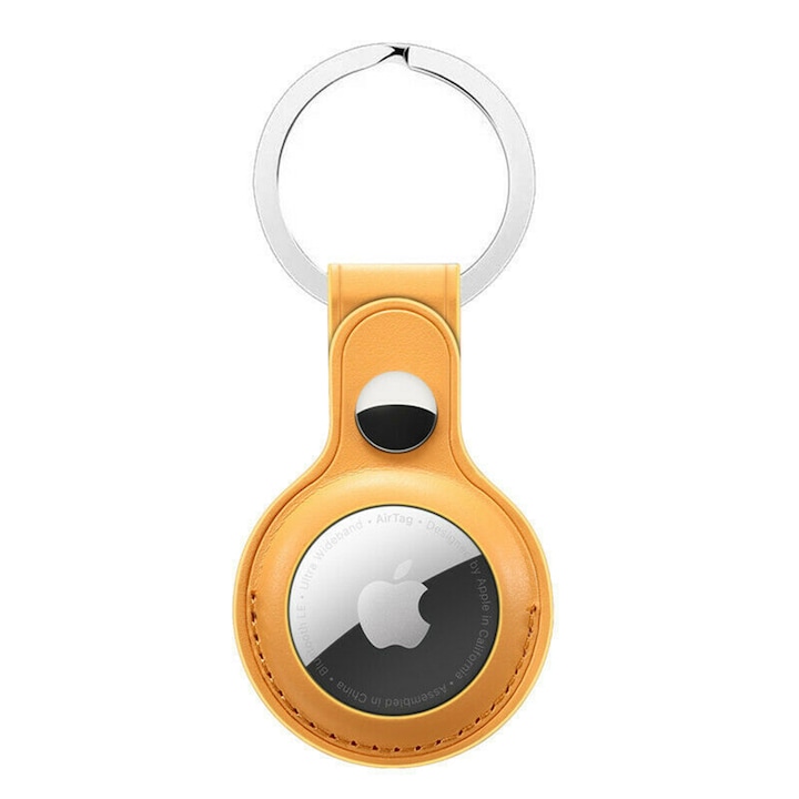 Кожен калъф за Apple AirTag, ключодържател, оптимална защита, жълт