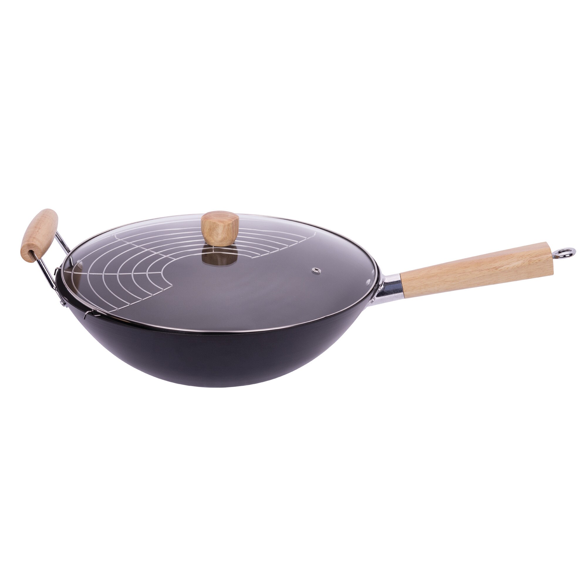 Tigaie wok din otel carbon de 35 cm, Inductie, Antiaderent fara PFOA, Maner ergonomic, Potrivit pentru toate aragazele, Negru
