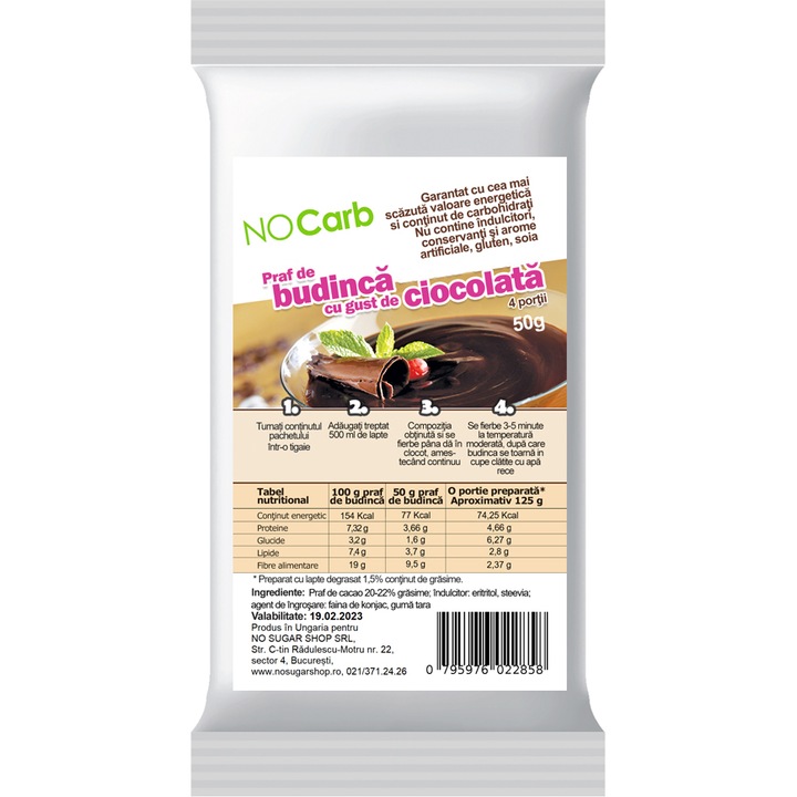 Budinca low-carb, fara zahar, cu cacao si konjac, NoCarb, 50g