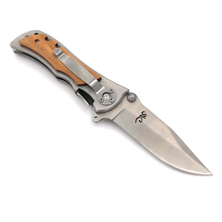 Cutit tip Briceag 20.5 cm, maner insertii lemn, clema prindere pe centura