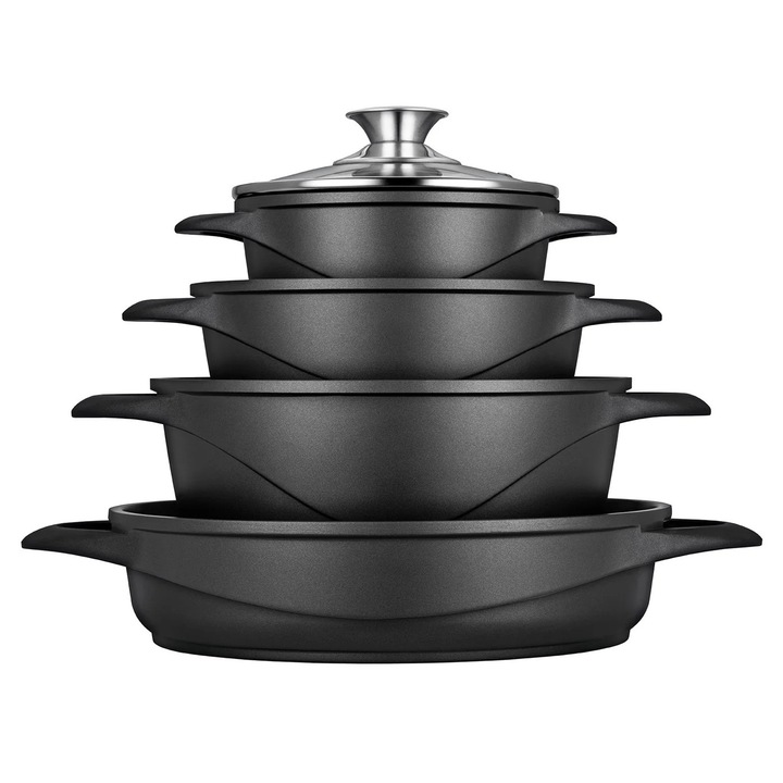 Set de gatit cu 8 piese, Aluminiu, Capace din sticla temperata, Fara PFOA, Negru