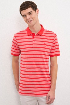 U.S. Polo Assn., Tricou polo slim fit cu model in dungi, Rosu/roz pastel U.S. Polo Assn., Tricou polo slim fit cu model in dungi, Rosu/roz pastel