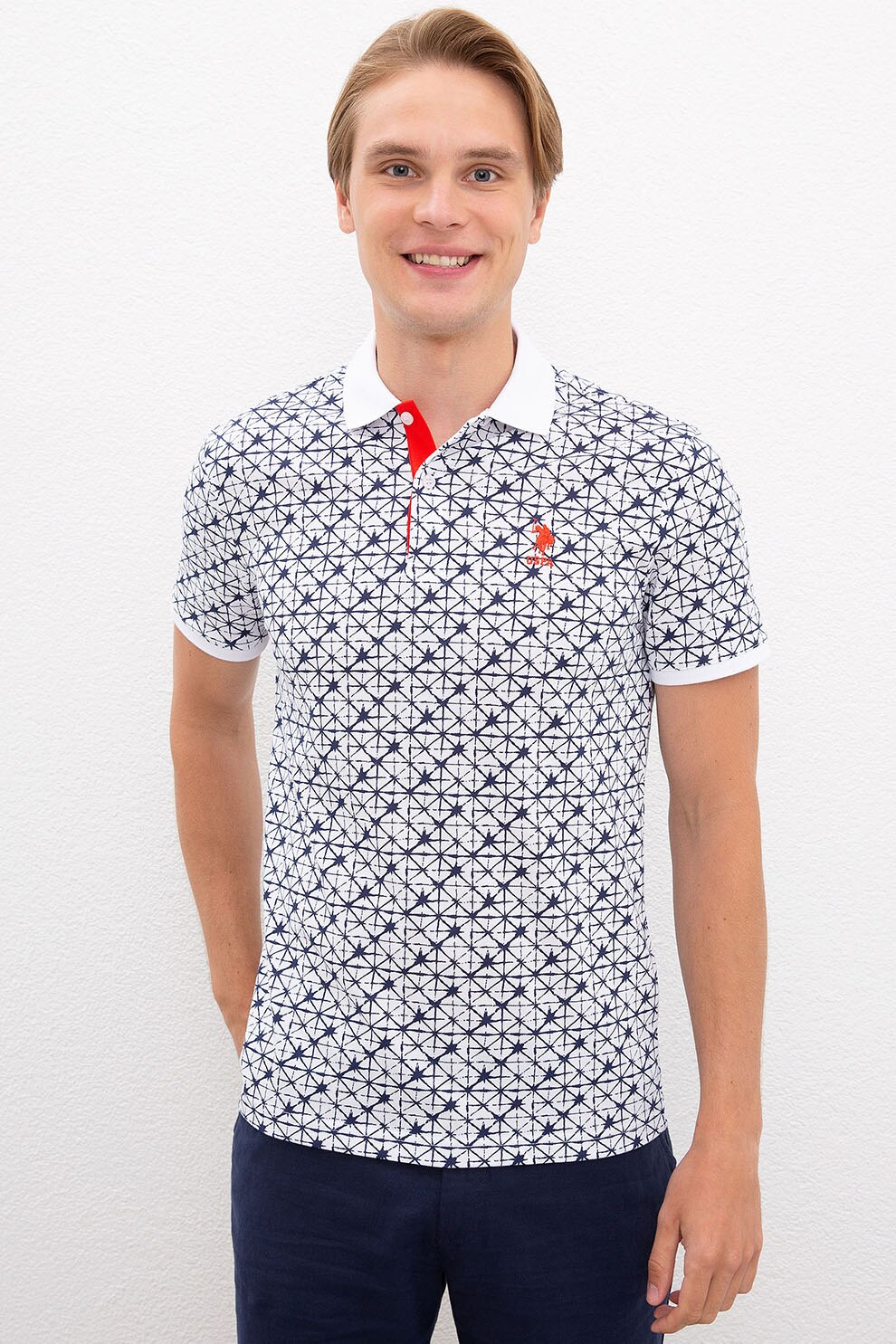 U.S. Polo Assn., Tricou polo slim fit cu model geometric, Alb/Bleumarin, M