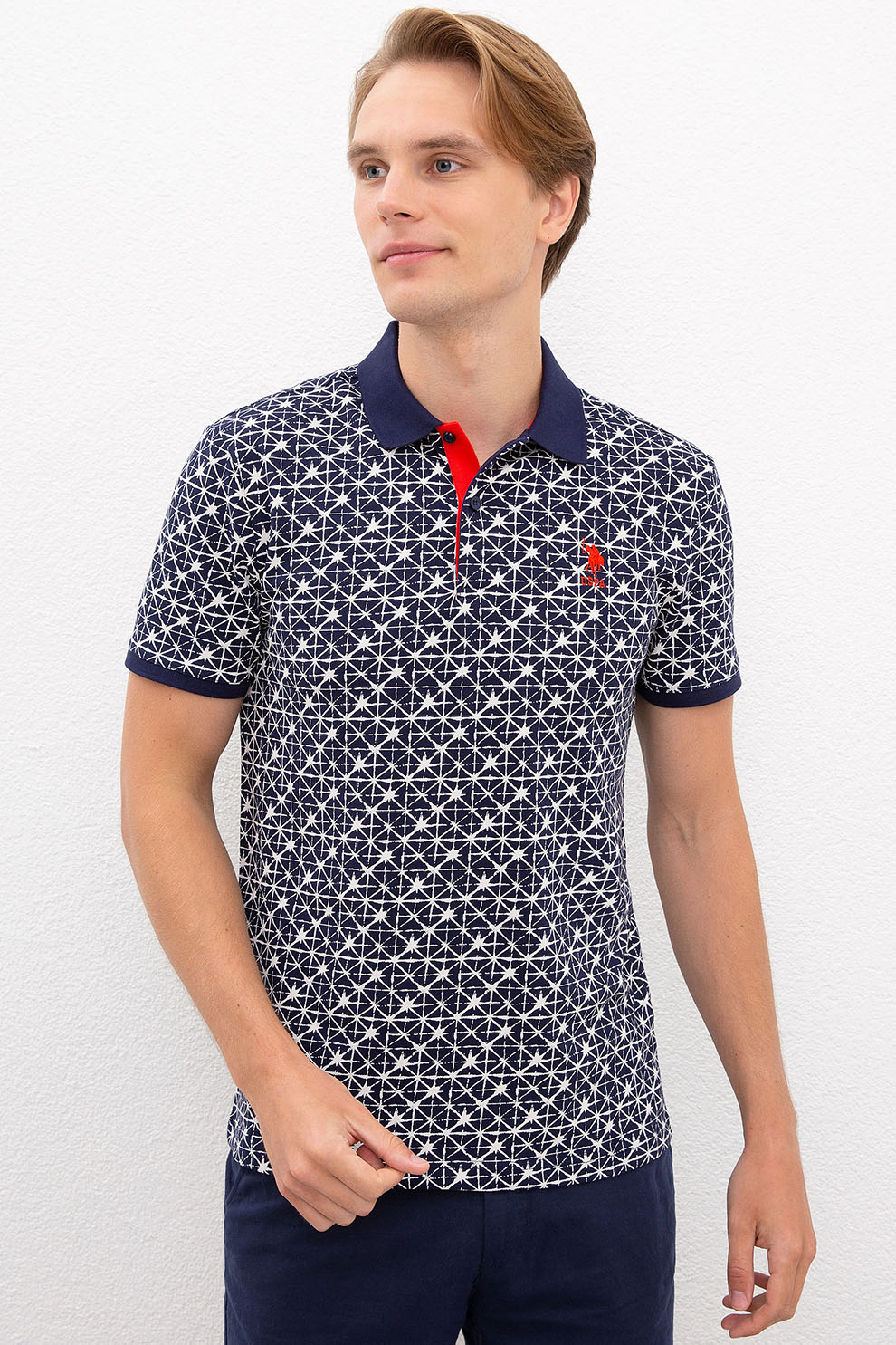 U.S. Polo Assn., Tricou polo slim fit cu model geometric, Bleumarin/Alb, M