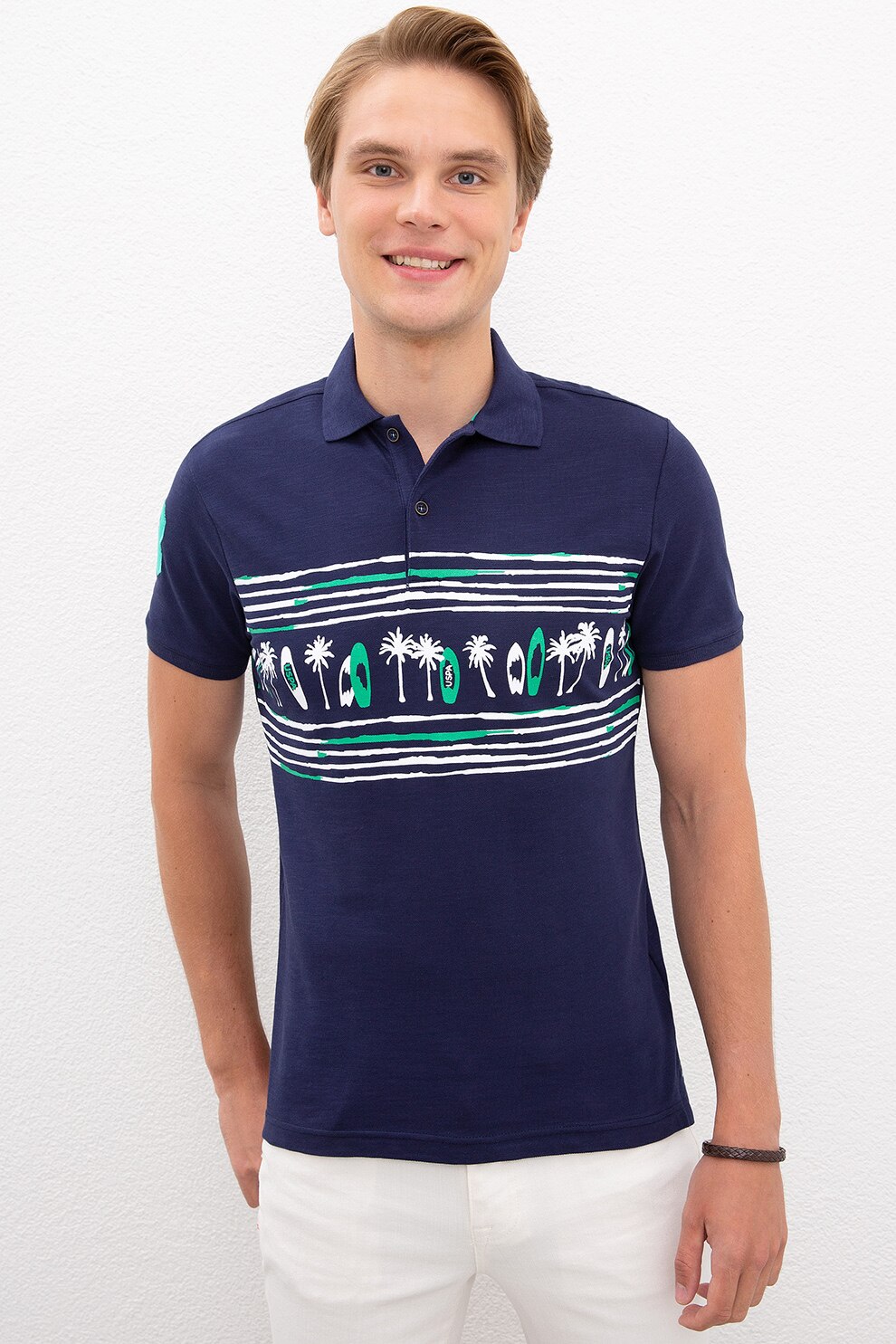 U.S. Polo Assn., Tricou polo slim fit cu imprimeu, Bleumarin inchis