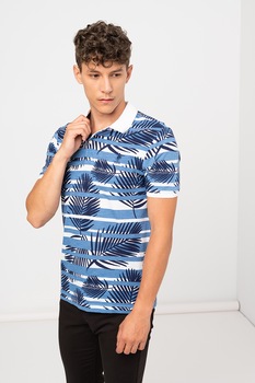 U.S. Polo Assn., Tricou polo slim fit din material pique, Albastru/Alb U.S. Polo Assn., Tricou polo slim fit din material pique, Albastru/Alb