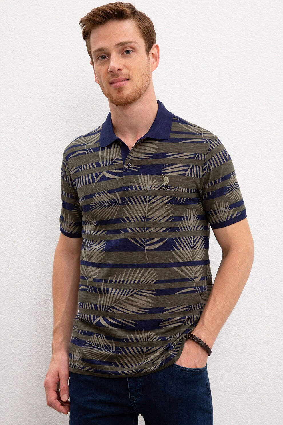 U.S. Polo Assn., Tricou polo slim fit din material pique, Bleumarin inchis/Maro taupe