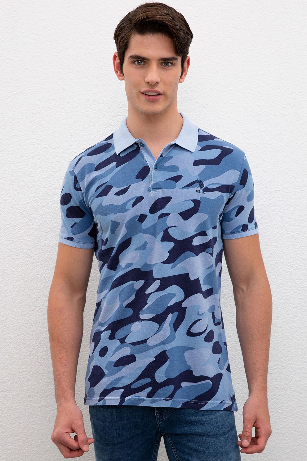 U.S. Polo Assn., Tricou polo regular fit cu imprimeu abstract, ALBASTRU PASTEL/BLEUMARIN