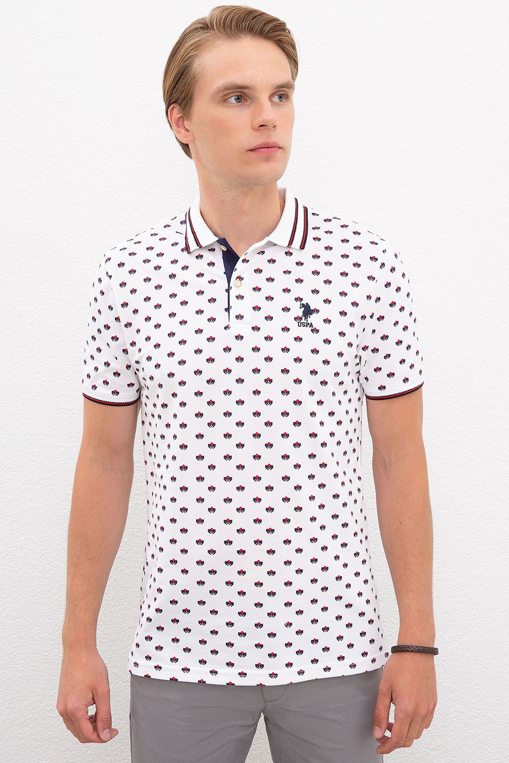 U.S. Polo Assn., Tricou polo regular fit cu imprimeu geometric, Alb/Rosu/Bleumarin