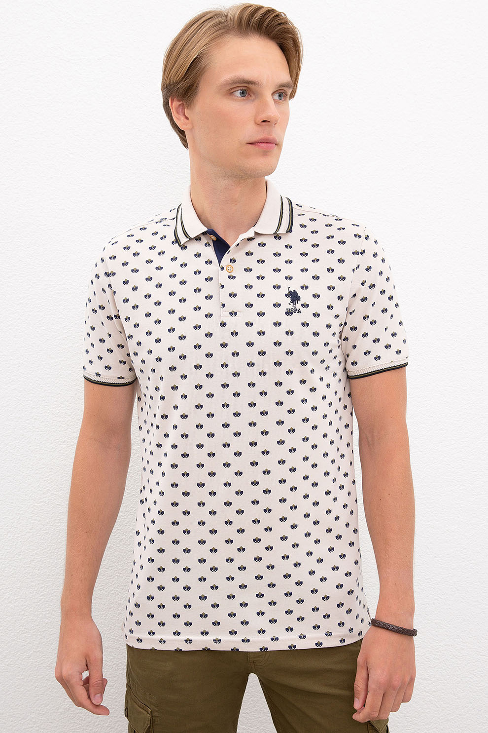 U.S. Polo Assn., Tricou polo regular fit cu imprimeu geometric, Alb prafuit/Bleumarin