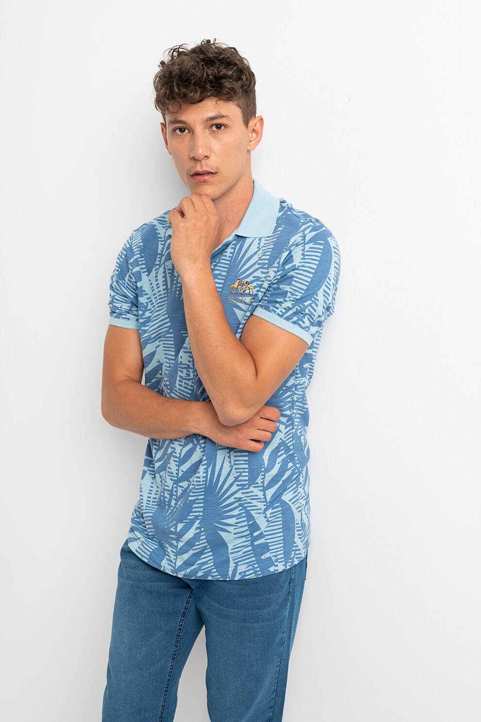 U.S. Polo Assn., Tricou polo regular fit cu model tropical, albastru, maro camel, corai