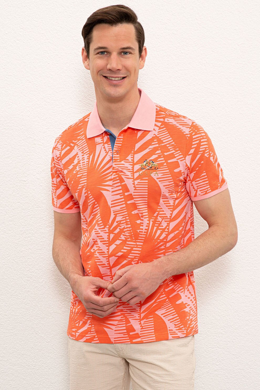 U.S. Polo Assn., Tricou polo regular fit cu model tropical, Oranj/roz pastel