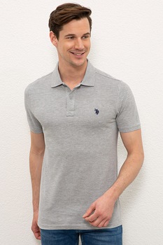 U.S. Polo Assn., Tricou polo slim fit din pique, Gri melange U.S. Polo Assn., Tricou polo slim fit din pique, Gri melange
