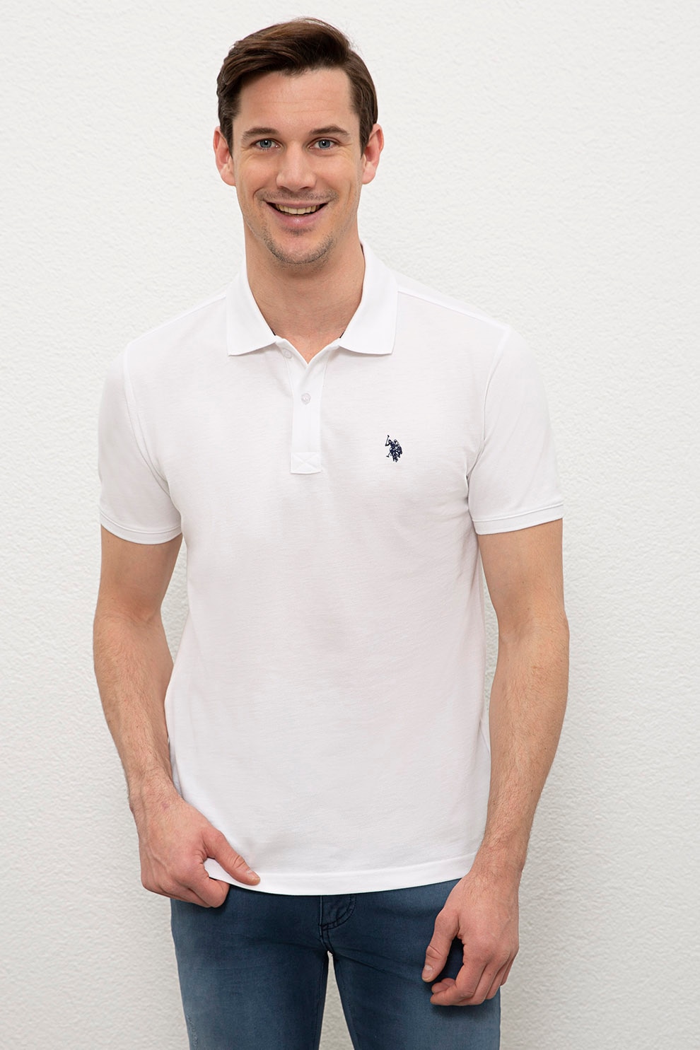U.S. Polo Assn., Tricou polo slim fit din pique, Alb