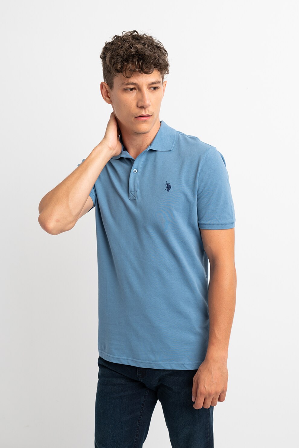 U.S. Polo Assn., Tricou polo slim fit din pique, Albastru