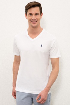 U.S. Polo Assn., Tricou de bumbac decolteu in V, Alb U.S. Polo Assn., Tricou de bumbac decolteu in V, Alb
