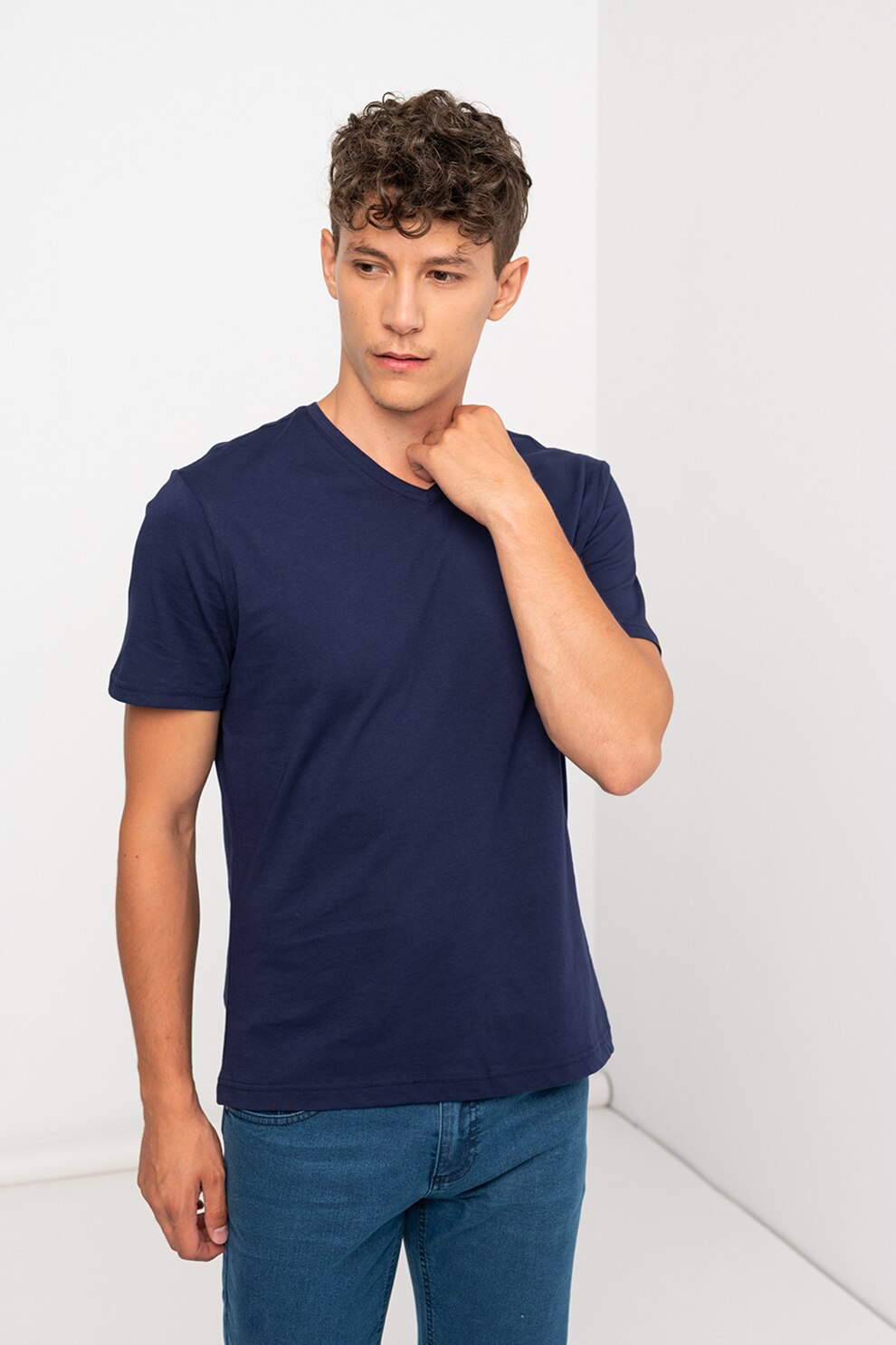 U.S. Polo Assn., Tricou de bumbac decolteu in V, Bleumarin/Rosu