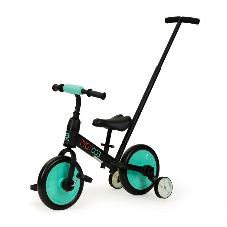Bicicleta pentru copii cu inaltime reglabila 36-43 cm, 3in1, pedale si roti laterale, negru-albastru