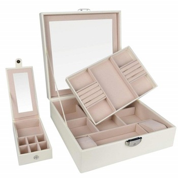Cutie caseta eleganta Pufo Glamour cu oglinda pentru depozitare si organizare bijuterii, crem Cutie caseta eleganta Pufo Glamour cu oglinda pentru depozitare si organizare bijuterii, crem