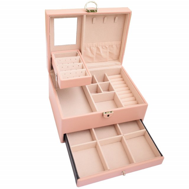 Cutie eleganta de dama Pufo Glamour pentru depozitare si organizare bijuterii si accesorii, model etajat, roz