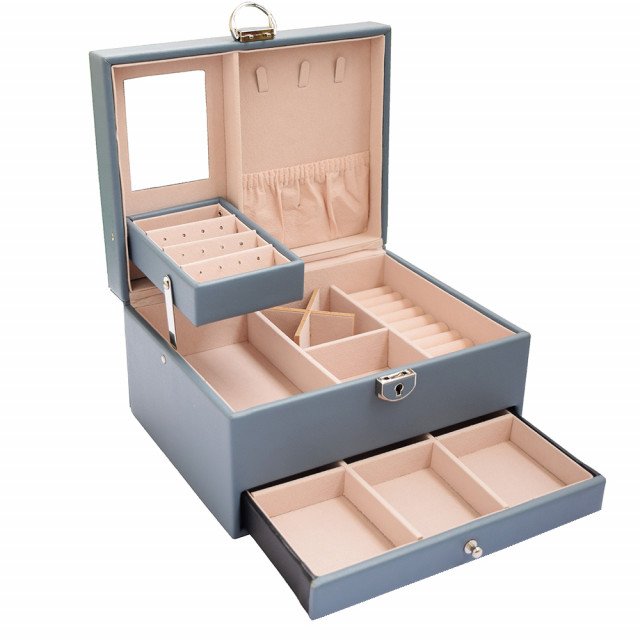 Cutie eleganta de dama Pufo Glamour pentru depozitare si organizare bijuterii si accesorii, model etajat, albastru