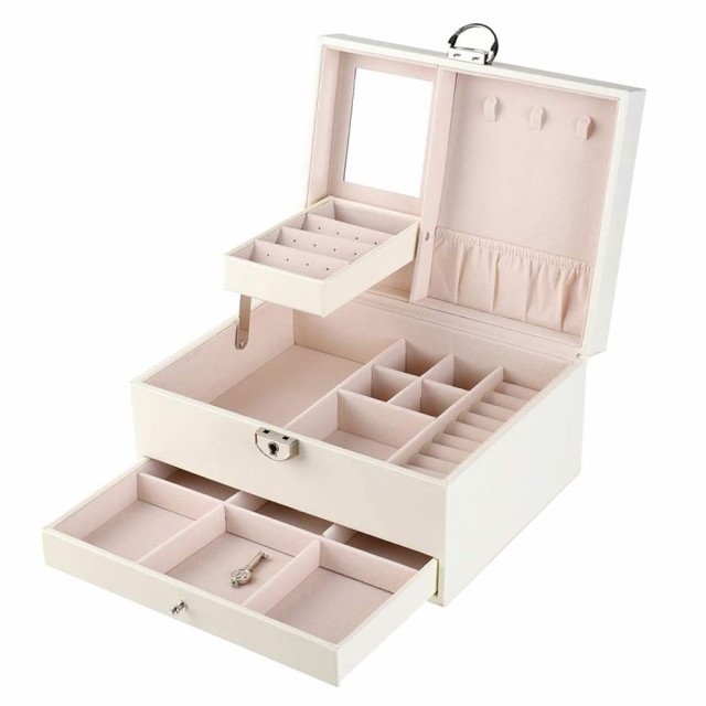 Cutie eleganta de dama Pufo Glamour pentru depozitare si organizare bijuterii si accesorii, model etajat, crem