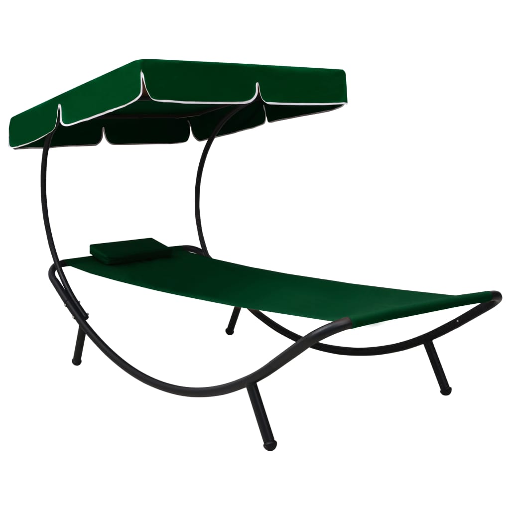 Pat sezlong de exterior cu baldachin si perna, vidaXL, Tesatura, 200 x 90 x 112 cm, Verde