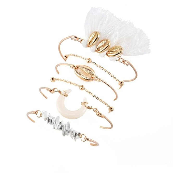 Set 6 bratari aurii, scoici metalice si ciucuri, Toya C1, Pursehuit