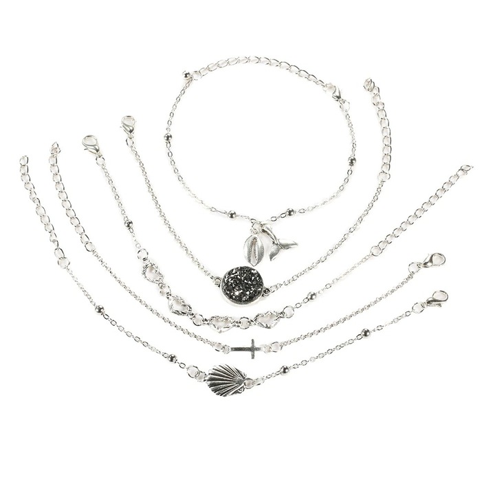 Set 5 bratari argintii, cu scoici metalice, Tracy C1, Pursehuit