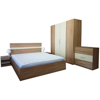 Dormitor Salonic, Stejar Bardolino si Crem, cu Pat de 140x200 cm, PAL 18mm