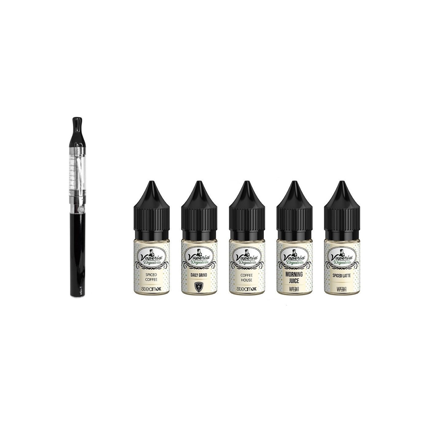 Set Tigara Electronica Blister 1100 mAh, 2.4 ml T2, Negru si Degusteria Coffee 5 Pack, 50 ml