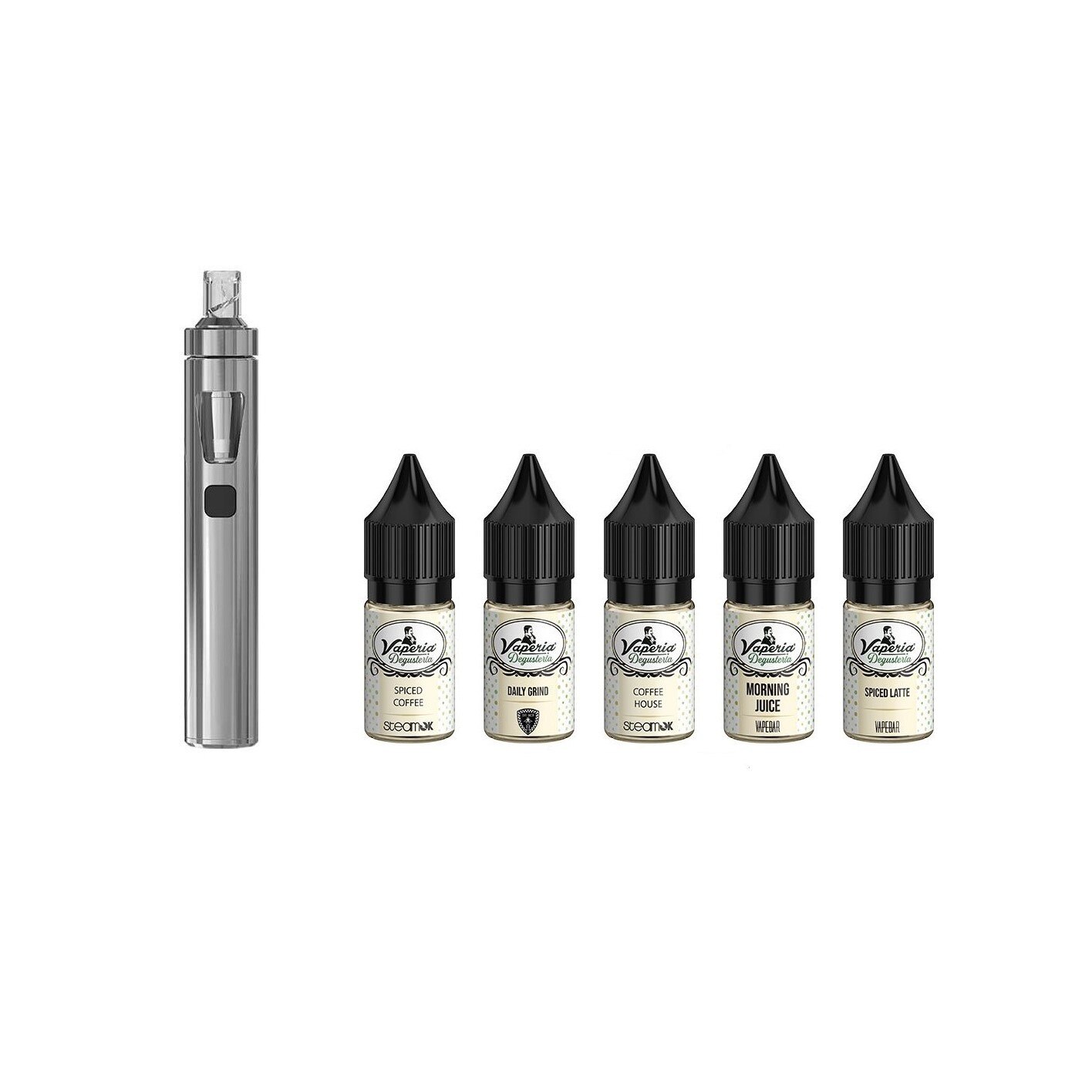 Set Tigara Electronica Joyetech eGO AIO, 1500 mAh, Silver si Degusteria Coffee 5 Pack, 50 ml
