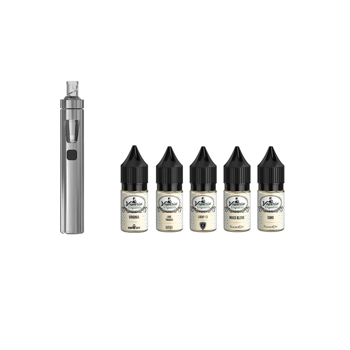 Set Tigara Electronica Joyetech eGO AIO, 1500 mAh, Silver si Degusteria Tobacco 5 Pack, 50 ml