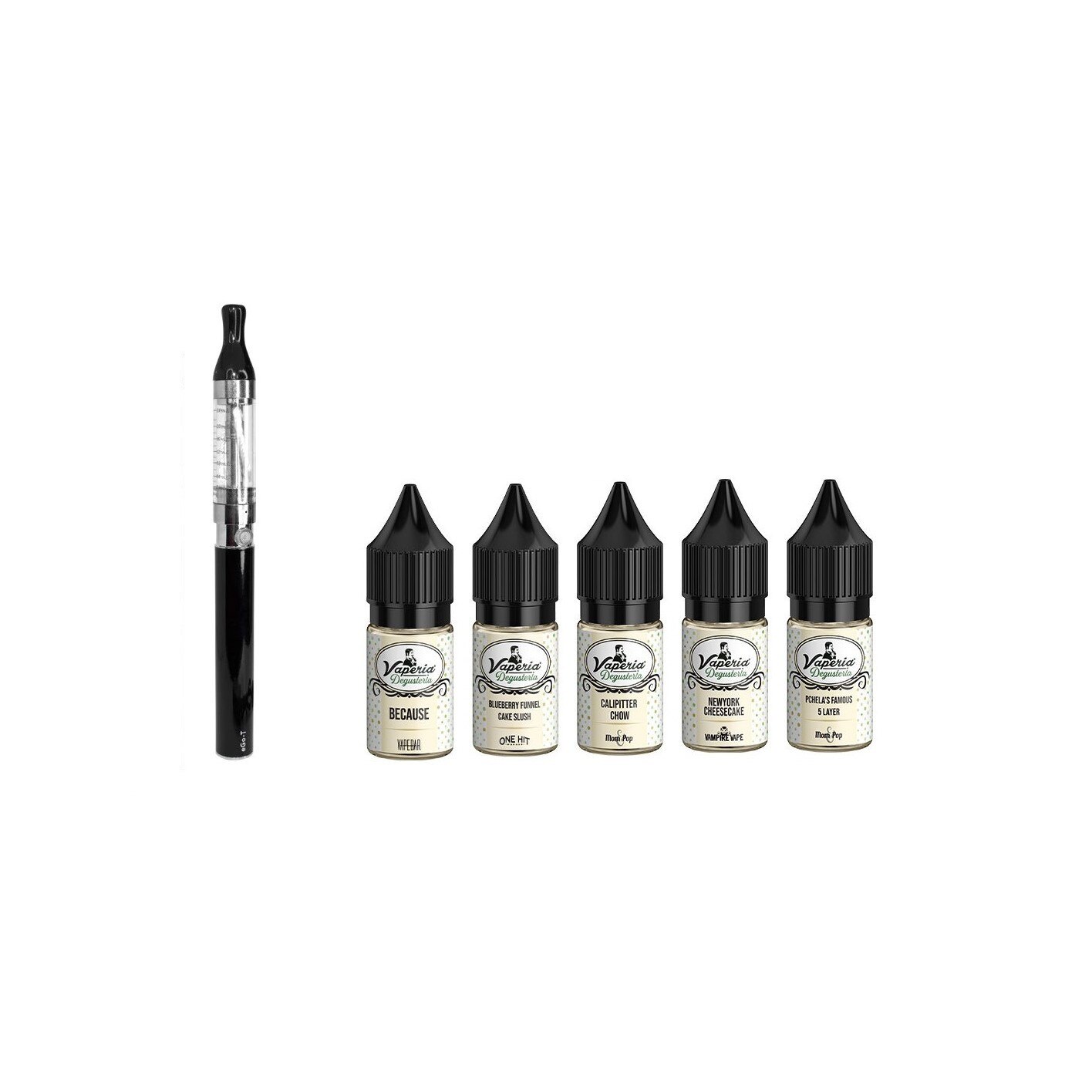 Set Tigara Electronica Blister 1100 mAh, 2.4 ml T2, Negru si Degusteria Dessert 5 Pack, 50 ml