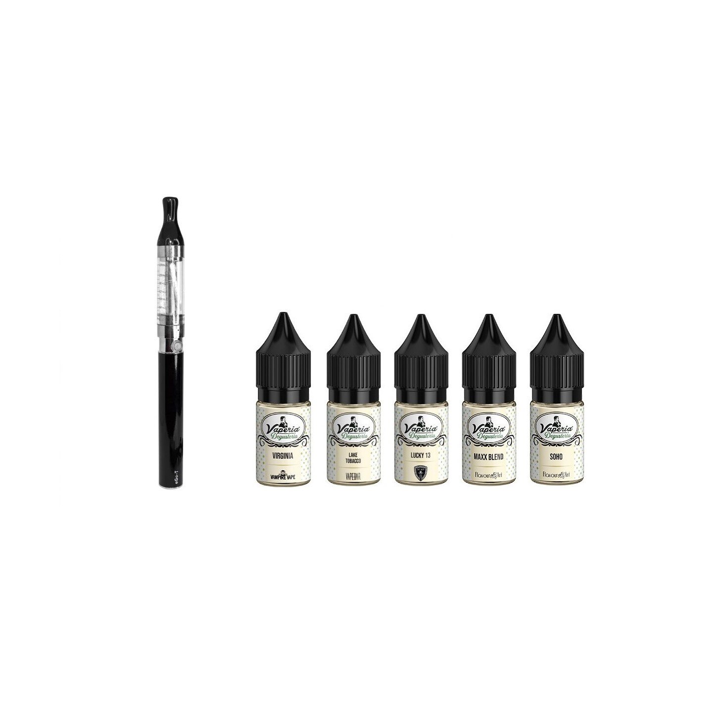Set Tigara Electronica Blister 1100 mAh, 2.4 ml T2, Negru si Degusteria Tobacco 5 Pack, 50 ml