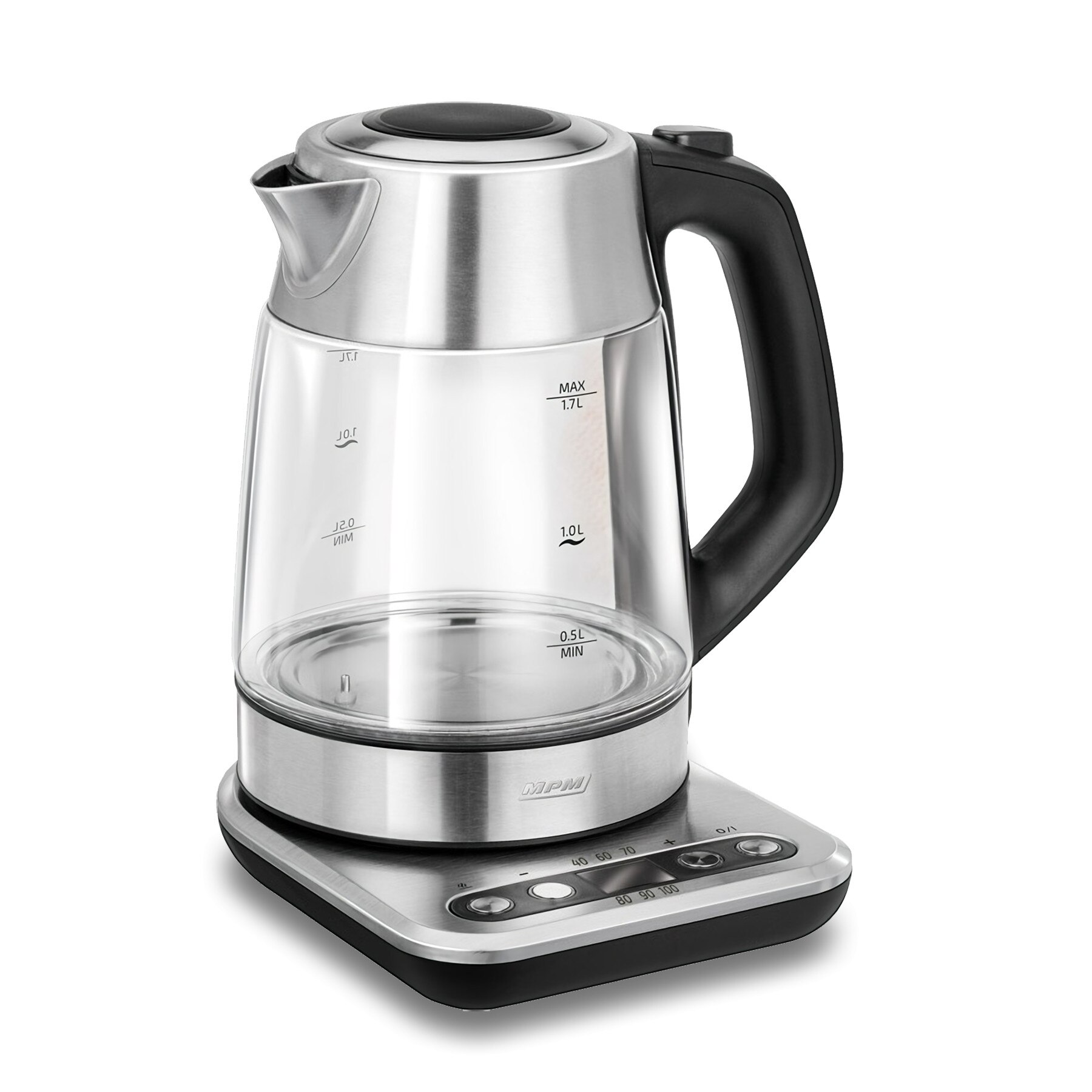 Fierbator electric MPM, 1,7 L, Sticla, Control al temperaturii, Baza 360º, 2200 W, Argintiu