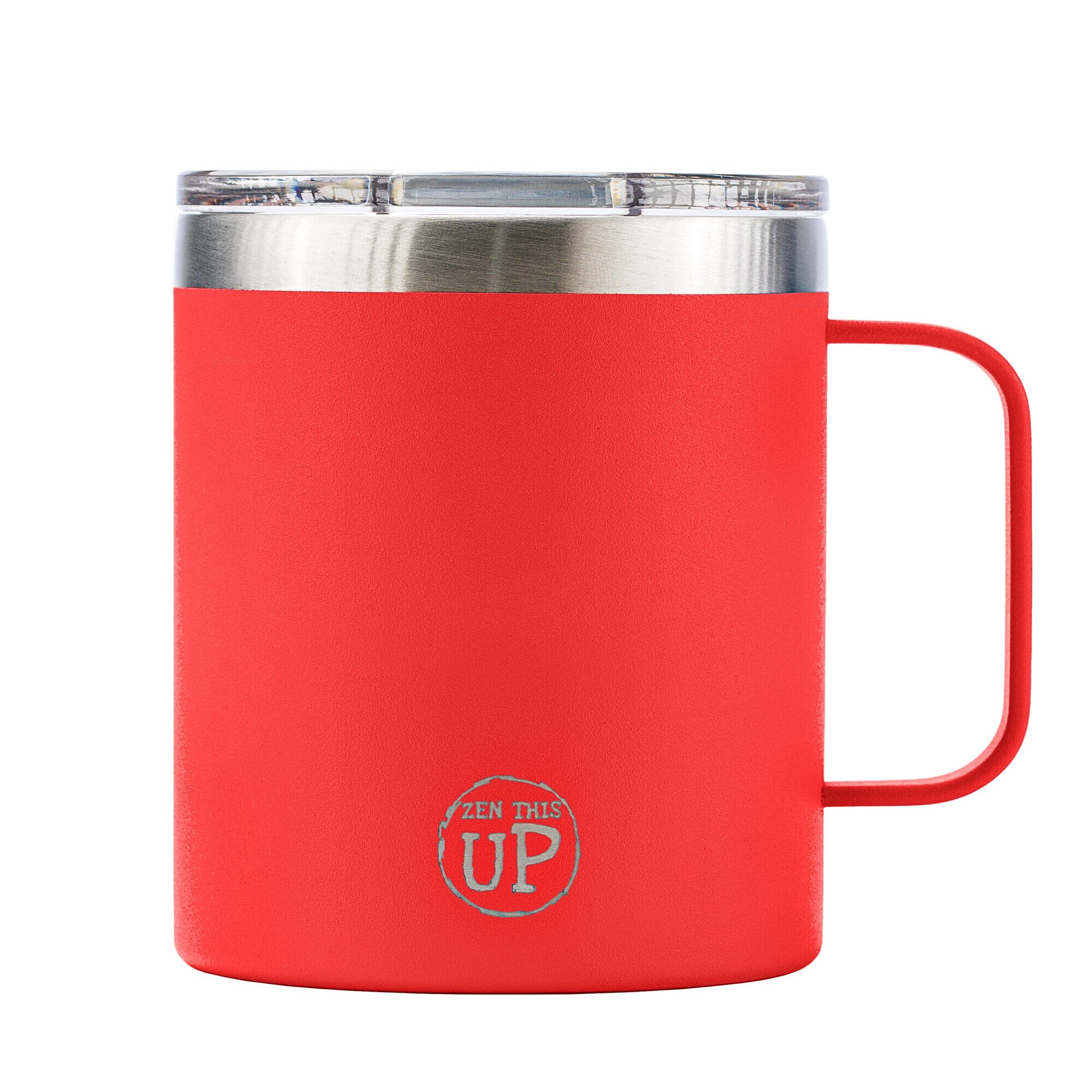 Cana termos inox premium pentru cafea, ceai, ZenThisUp, 355 ml, Rosu, cu maner, perete dublu vidat, capac cu slider magnetic