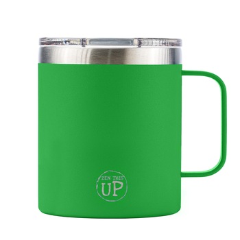 Cana termos inox premium pentru cafea, ceai, ZenThisUp, 355 ml, Verde, cu maner, perete dublu vidat, capac cu slider magnetic Cana termos inox premium pentru cafea, ceai, ZenThisUp, 355 ml, Verde, cu maner, perete dublu vidat, capac cu slider magnetic