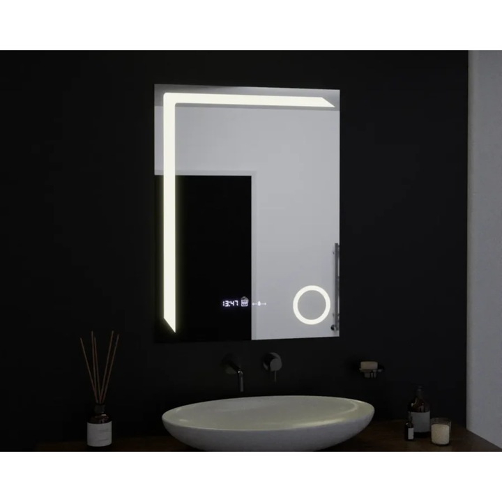 Oglinda pentru baie cu iluminare LED 60 mm x 80 mm, Ceas, 3 tipuri de lumini ( rece, calda, neutra ), functie dezaburire, intrerupator touch S