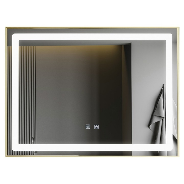 Oglinda pentru baie cu iluminare LED 60 mm x 80 mm, functie dezaburire, intrerupator touch, rama bronz antichizat