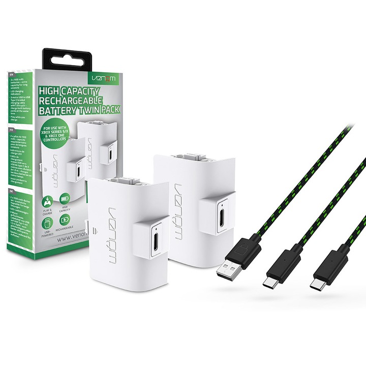 Venom VS2874 Xbox Series S & X fehér magas kapacítású (1100mAh) akkucsomag (2 db) + 3 méter töltőkábel