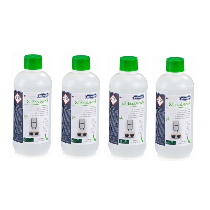 Set 4 flacoane solutie decalcifiere EcoDecalk pentru DeLonghi, 4 x 500 ml, DLSC500