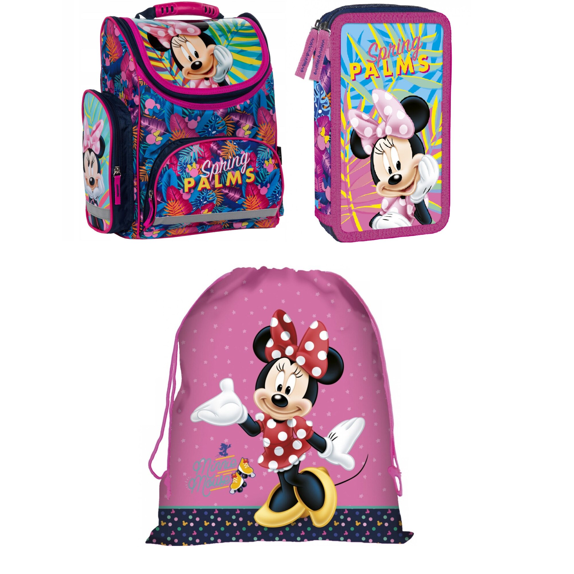 Set ghozdan scoala minnie, penar, geanta pliabila incaltaminte, multicolor