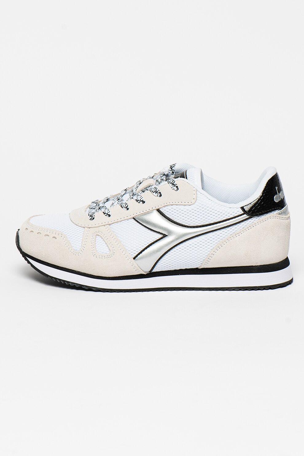 Diadora, Pantofi sport cu insertii de piele intoarsa Simple Run, Alb/Maro nisip/Argintiu