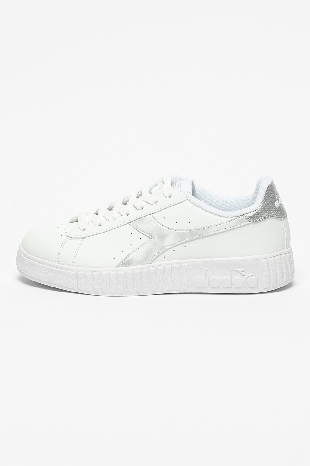Diadora, Pantofi sport de piele ecologica Game P Step, Alb optic/Argintiu