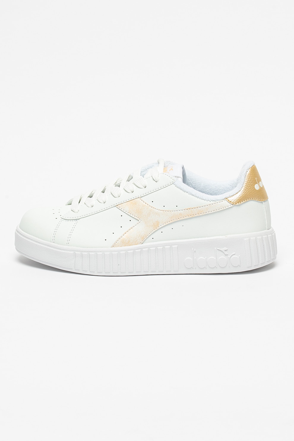 Diadora, Pantofi sport de piele ecologica Game P Step, Alb optic/Oranj pal